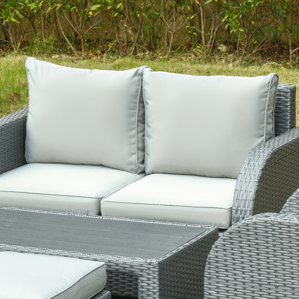 Ensemble de 6 pièces de Mobilier de Patio, Canapé Extérieur en Osier, Fauteuil Inclinable à Angle Ajustable, Ensemble de Conversation, Poufs, avec Table Basse en Polyester, Ressort à Gaz & Coussins Doux Lavables, Gris