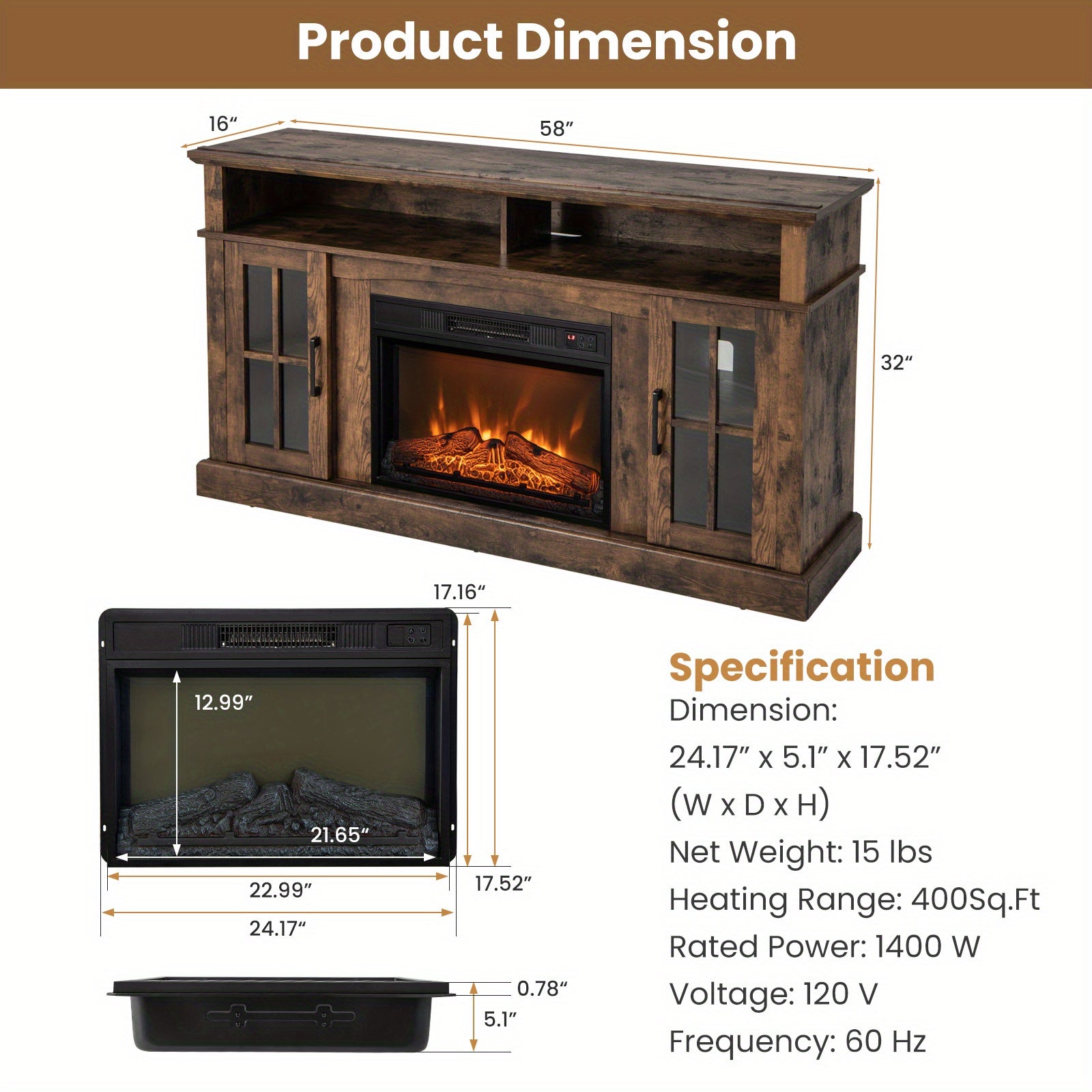 MULTIGOT Fireplace TV Stand for TVs Up to 65 Inches, 1400W Electric Fireplace Insert with Remote Control, 6H Timer, 3-Level Flame Brightness, Overheat Protection, Media Entertainment Center with Adjustable Shelves