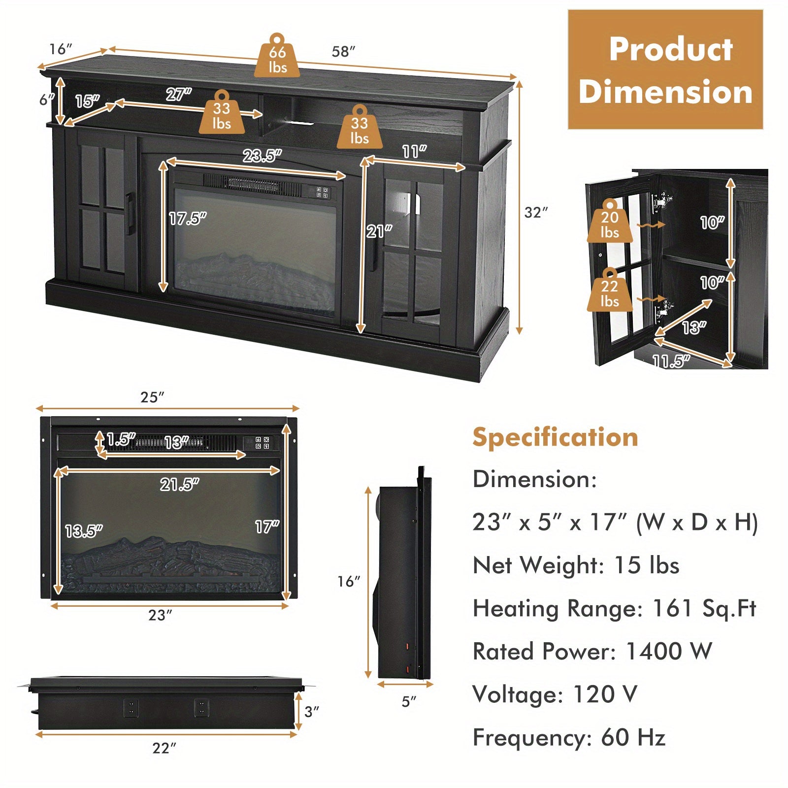 MULTIGOT Fireplace TV Stand for TVs Up to 65 Inches, 1400W Electric Fireplace Insert with Remote Control, 6H Timer, 3-Level Flame Brightness, Overheat Protection, Media Entertainment Center with Adjustable Shelves
