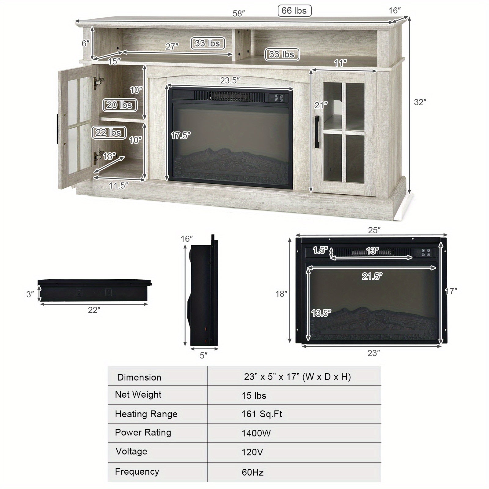 MULTIGOT Fireplace TV Stand for TVs Up to 65 Inches, 1400W Electric Fireplace Insert with Remote Control, 6H Timer, 3-Level Flame Brightness, Overheat Protection, Media Entertainment Center with Adjustable Shelves