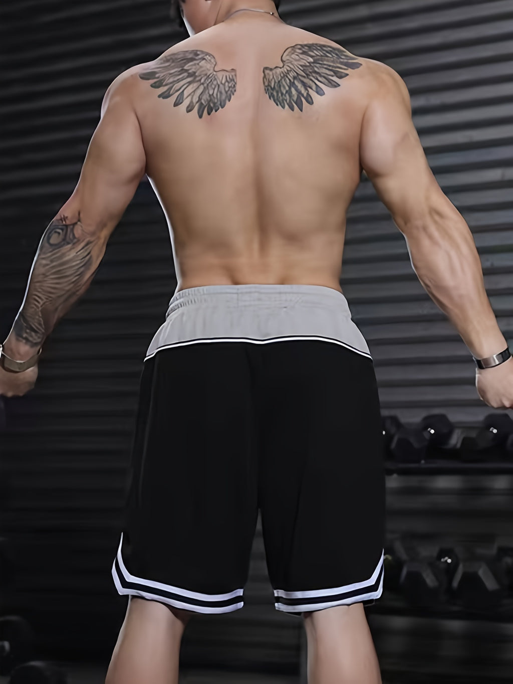 Men's Color Block Striped Shorts With Pockets, Active Elastic Waist Drawstring Shorts For Summer Fitness