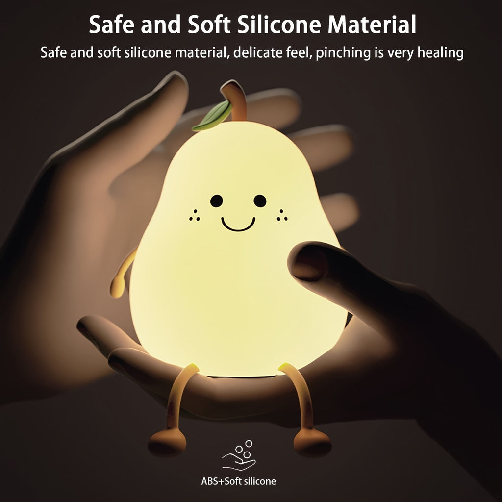 Cute Smiling Pear-Shaped LED Night Light - Touch Control, USB Rechargeable, Adjustable Brightness Silicone Bedside Lamp for Cozy Bedroom Atmosphere, Lithium Battery, Modern Design, Perfect for Nighttime Use, Night Light for Bedroo