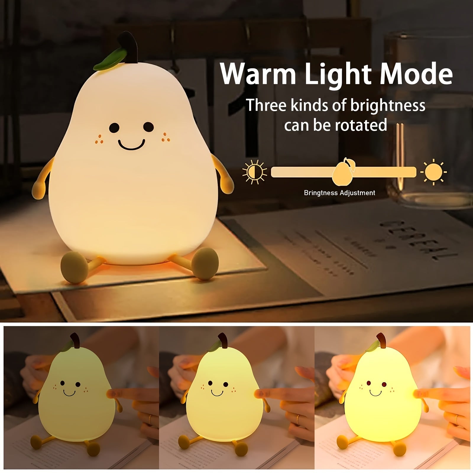 Cute Smiling Pear-Shaped LED Night Light - Touch Control, USB Rechargeable, Adjustable Brightness Silicone Bedside Lamp for Cozy Bedroom Atmosphere, Lithium Battery, Modern Design, Perfect for Nighttime Use, Night Light for Bedroo