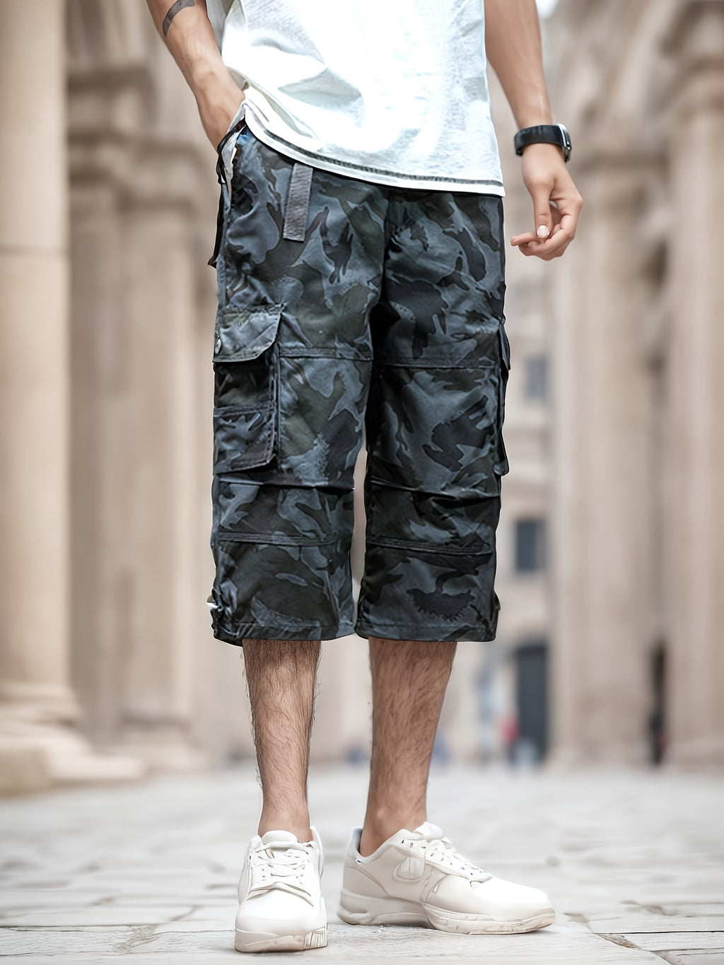 Men'S Outdoor Casual Cargo Shorts with Multiple Pockets, Knee-Length, Featuring an Elastic Waistband And Button Closure, Suitable for Outdoor Adventures, Fishing, Hiking, And Various Outdoor Activities.