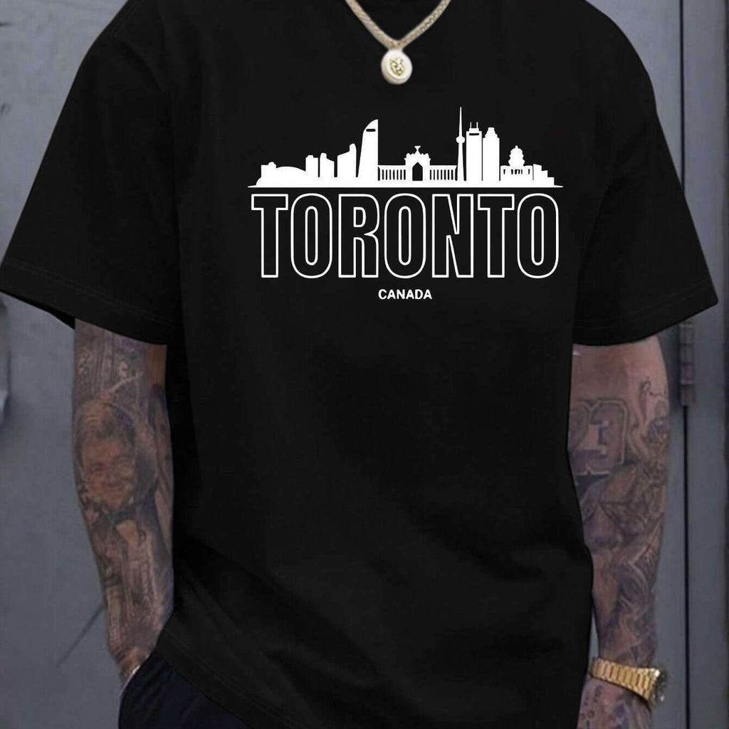 MenFashion Toronto Canada Graphic Cotton T-Shirt- Black Short Sleeve Crew Neck, Iconic Skyline Print, Lightweight and Breathable, Suitable for Summer Outings, Casual Wear and Everyday Style, Outdoor Activity Shirt| Machine washable
