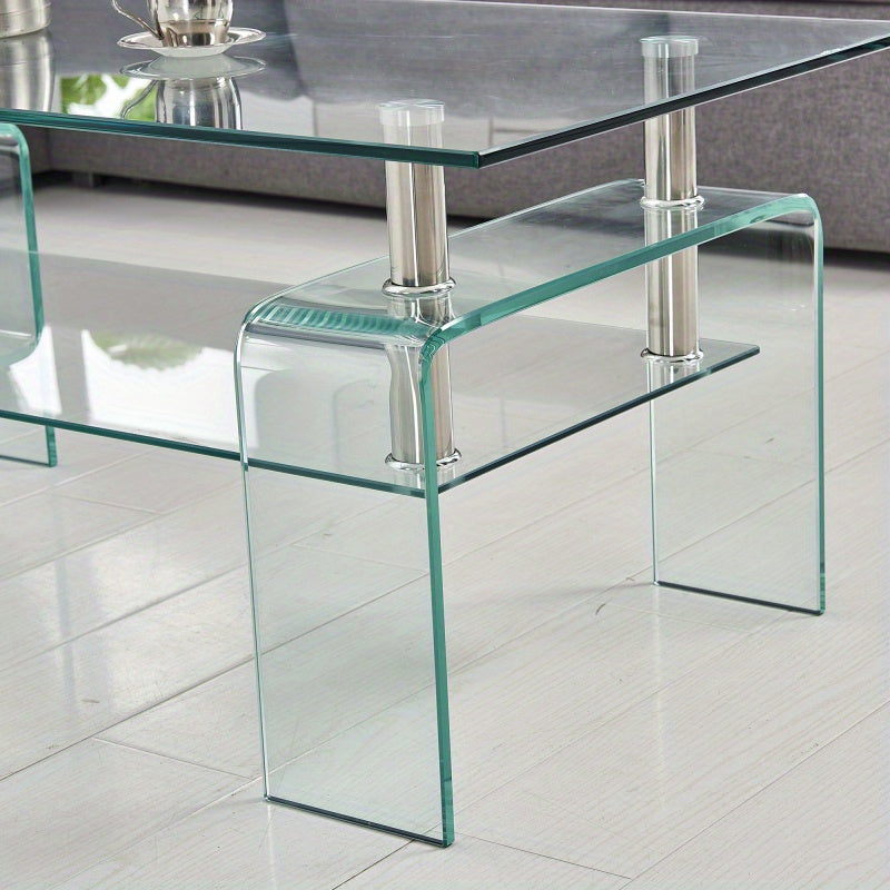 Table à café en verre transparente, table à café moderne en verre pour le salon, table à café de stockage à 2 niveaux, table à thé en verre trempé, sans batterie