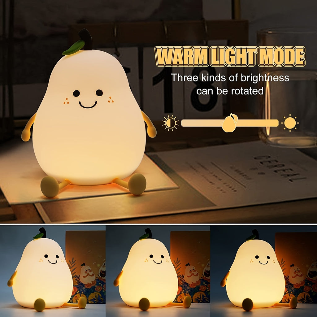 Cute Smiling Pear-Shaped LED Night Light - Touch Control, USB Rechargeable, Adjustable Brightness Silicone Bedside Lamp for Cozy Bedroom Atmosphere, Lithium Battery, Modern Design, Perfect for Nighttime Use, Night Light for Bedroo