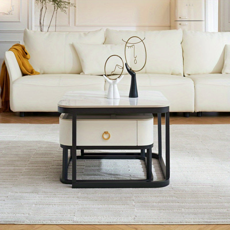 Table Basse en Marbre Moderne Ensemble de 2 Tables d'Accueil pour Salon Tables d'Accueil Empilables pour Salon Chambre à Coucher Table d'Accent pour Thé avec Cadre Métallique Robuste et Montage Facile Noir