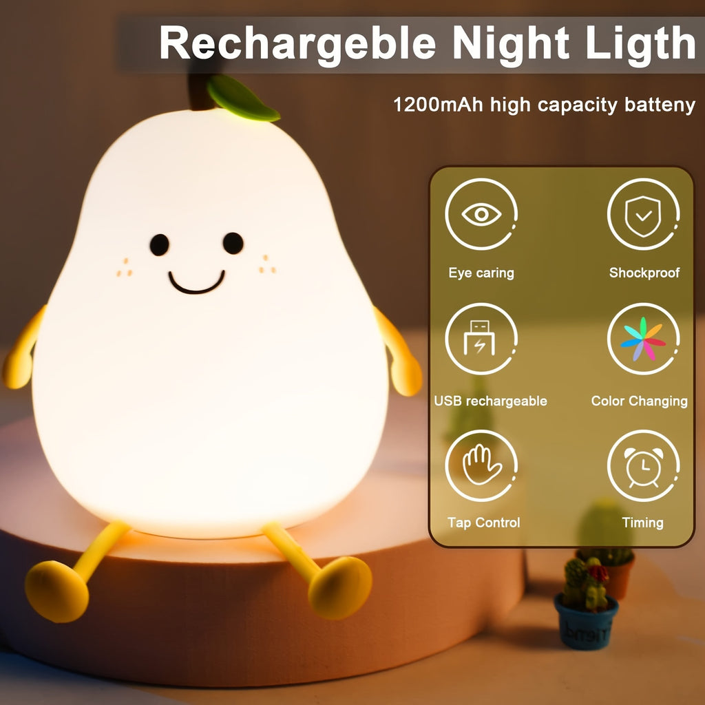 Cute Smiling Pear-Shaped LED Night Light - Touch Control, USB Rechargeable, Adjustable Brightness Silicone Bedside Lamp for Cozy Bedroom Atmosphere, Lithium Battery, Modern Design, Perfect for Nighttime Use, Night Light for Bedroo