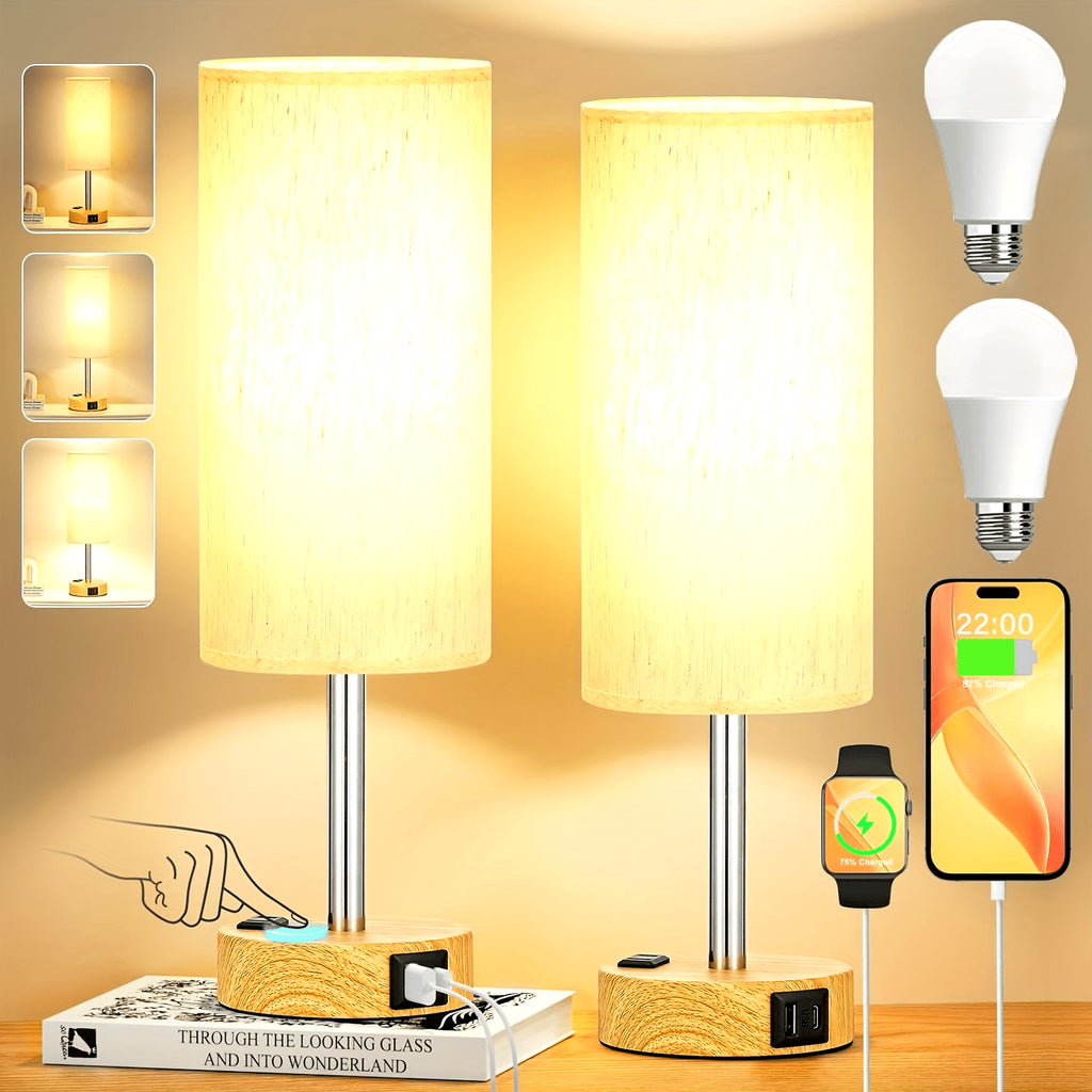 1\u002F2pc Modern Touch-Controlled Bedside Lamp Set - 3-Level Dimmable, USB Ports & AC Outlet, Wood Base with Flaxen Shade for Nightstand, Desk, Office, Dorm (LED Bulb Included), Table Lamps, Small Lamps, Bedroom