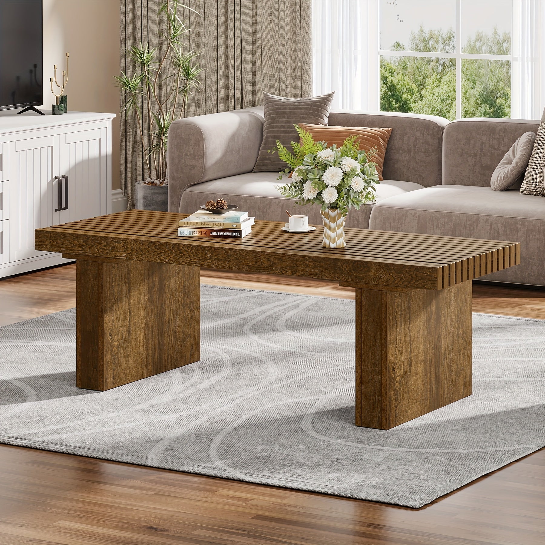 Table à café rectangulaire : Table à café moderne en bois de 47.24 pouces Table à cocktail pour salon, Table à café de ferme Table au centre Table à thé avec dessus de table en planches, Brun rustique