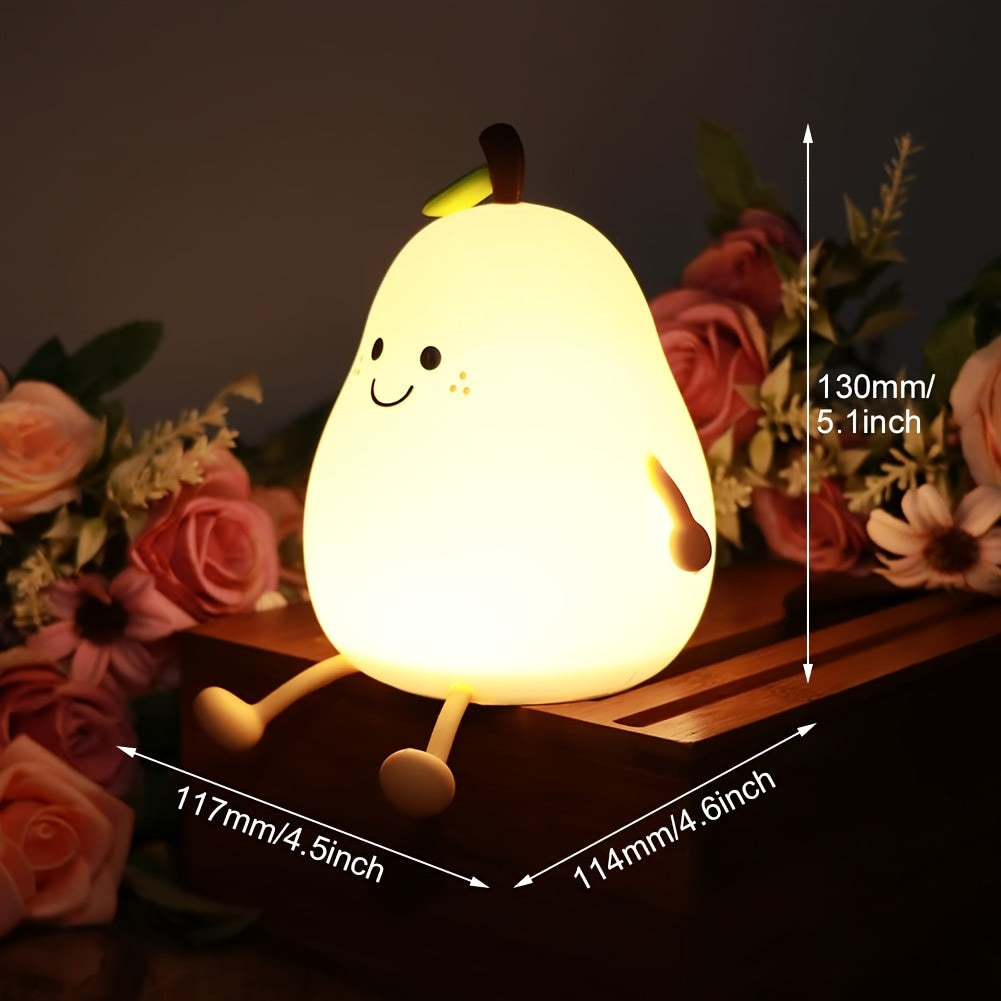 Cute Smiling Pear-Shaped LED Night Light - Touch Control, USB Rechargeable, Adjustable Brightness Silicone Bedside Lamp for Cozy Bedroom Atmosphere, Lithium Battery, Modern Design, Perfect for Nighttime Use, Night Light for Bedroo