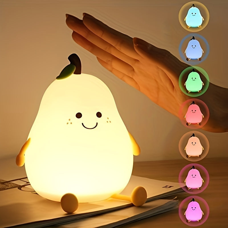 Cute Smiling Pear-Shaped LED Night Light - Touch Control, USB Rechargeable, Adjustable Brightness Silicone Bedside Lamp for Cozy Bedroom Atmosphere, Lithium Battery, Modern Design, Perfect for Nighttime Use, Night Light for Bedroo