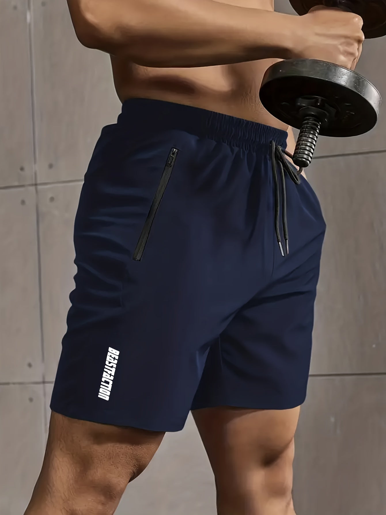 Men's Solid Shorts With Zipper Pockets, Active Elastic Waist Drawstring Shorts For Summer Outdoor Fitness