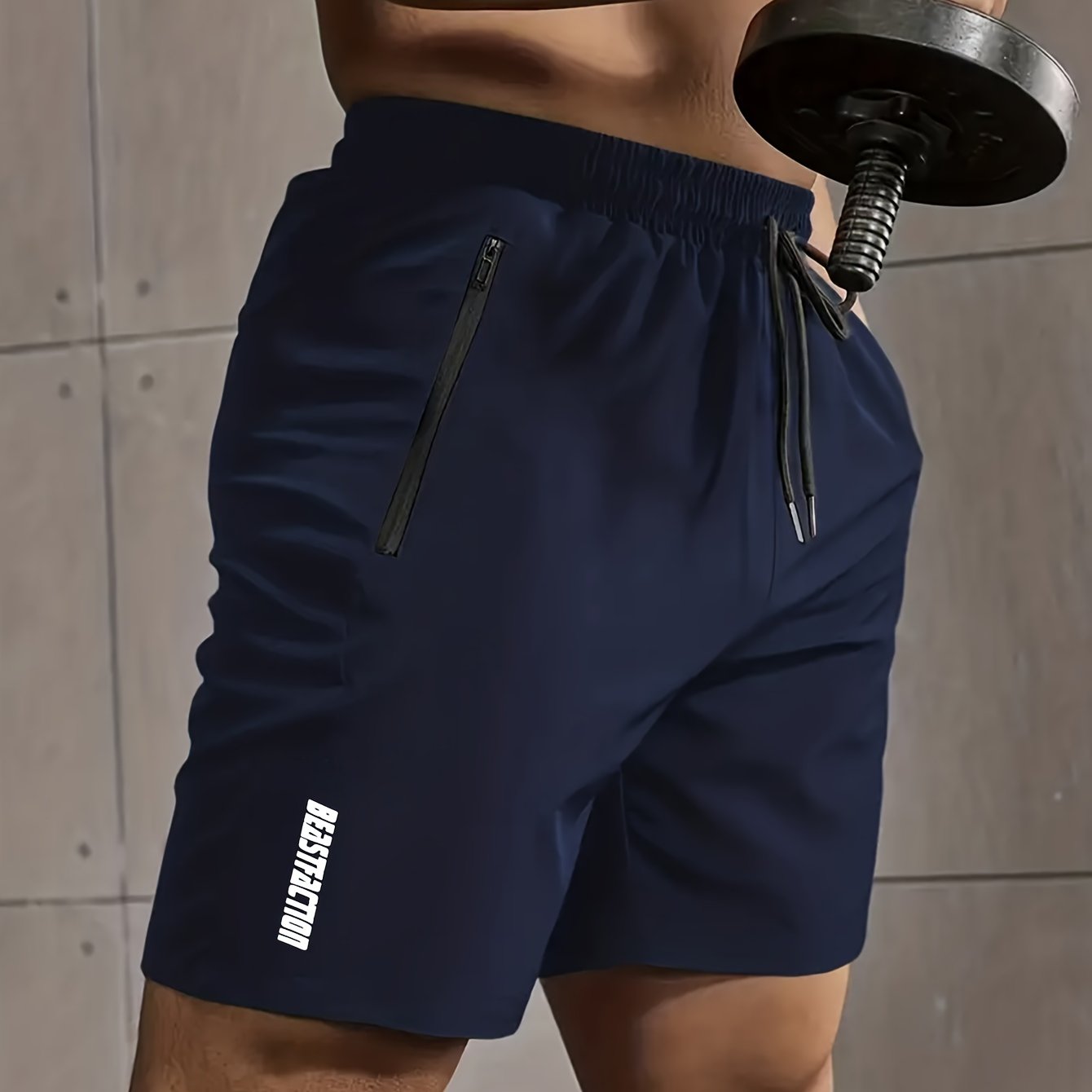 Men's Solid Shorts With Zipper Pockets, Active Elastic Waist Drawstring Shorts For Summer Outdoor Fitness
