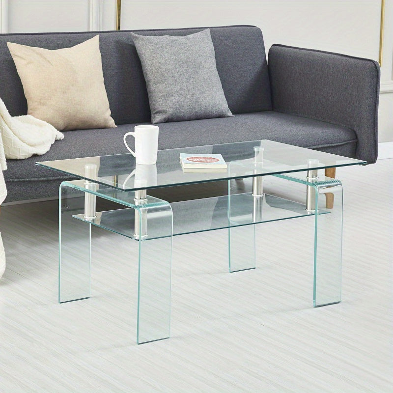 Table à café en verre transparente, table à café moderne en verre pour le salon, table à café de stockage à 2 niveaux, table à thé en verre trempé, sans batterie