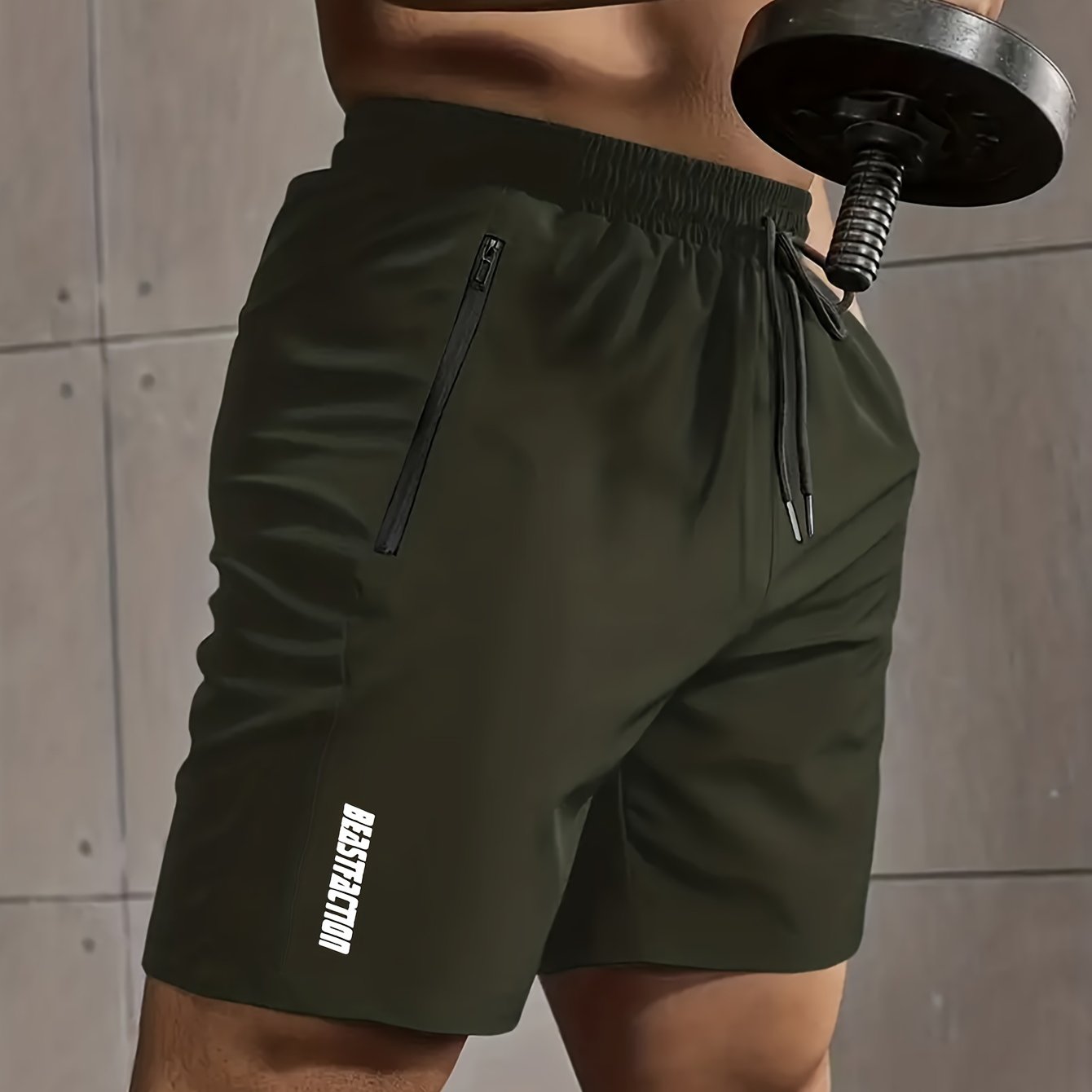 Men's Solid Shorts With Zipper Pockets, Active Elastic Waist Drawstring Shorts For Summer Outdoor Fitness